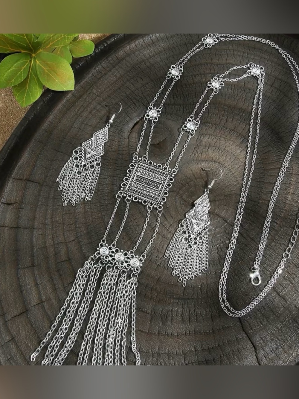 Boho Tribal Silver Tassel Statement Necklace & Earring Set New